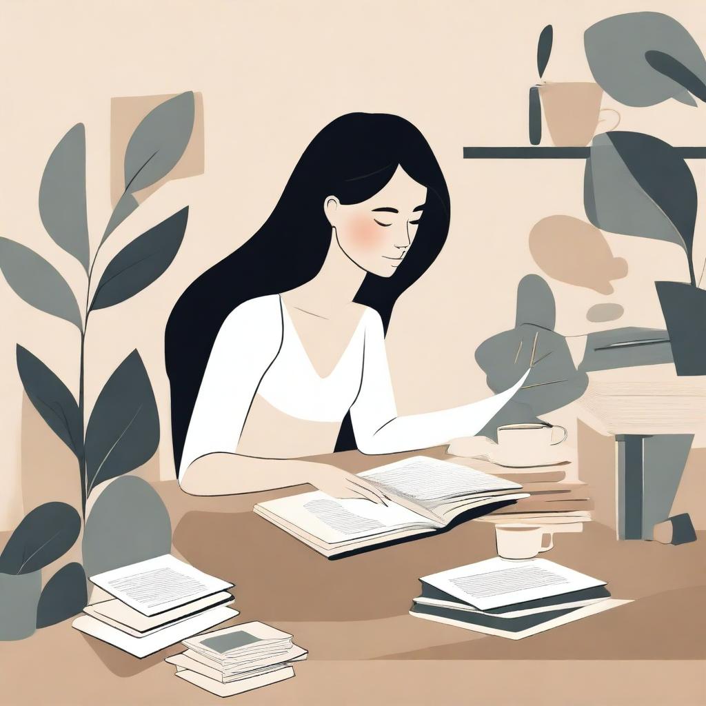 An abstract depiction of a neutral woman working at a desk with books, in a calm, simple, and serene environment