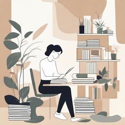 An abstract depiction of a neutral woman working at a desk with books, in a calm, simple, and serene environment