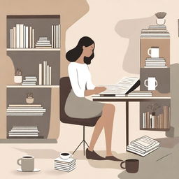 An abstract depiction of a neutral woman working at a desk with books, in a calm, simple, and serene environment