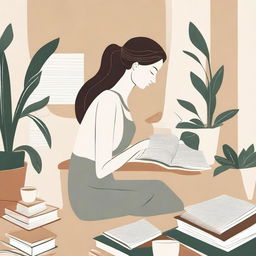 An abstract depiction of a neutral woman working at a desk with books, in a calm, simple, and serene environment