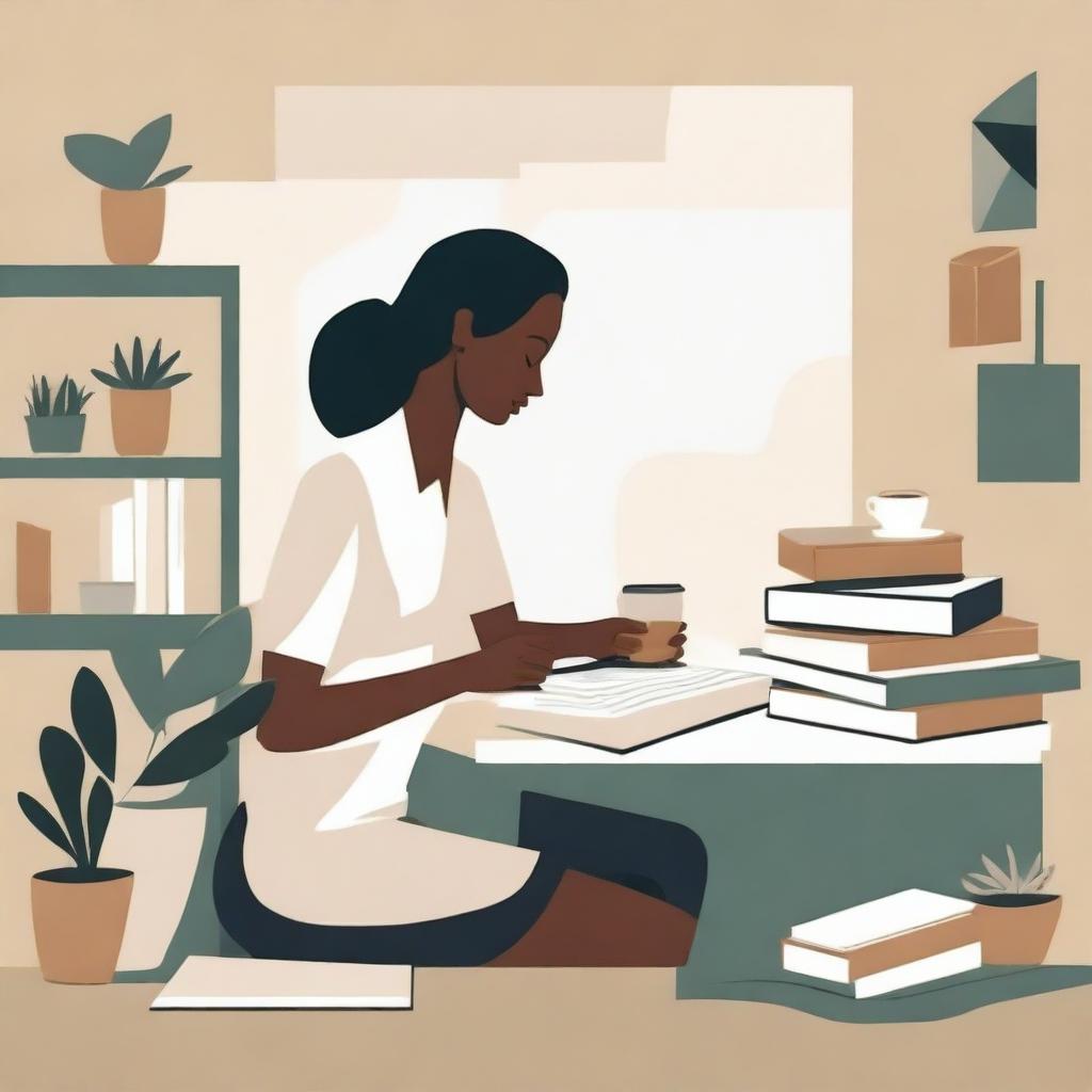 An abstract depiction of a neutral woman working at a desk with books, in a calm, simple, and serene classroom or office environment