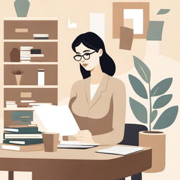 An abstract depiction of a neutral woman working at a desk with books, in a calm, simple, and serene classroom or office environment