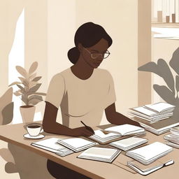 An abstract depiction of a neutral woman working at a desk with books, in a calm, simple, and serene classroom or office environment