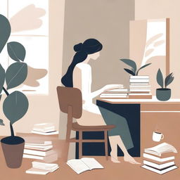 An abstract depiction of a neutral woman working at a desk with books, in a calm, simple, and serene classroom or office environment