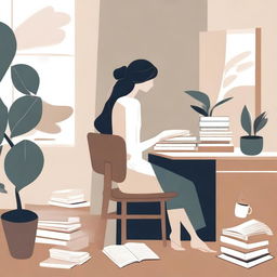 An abstract depiction of a neutral woman working at a desk with books, in a calm, simple, and serene classroom or office environment