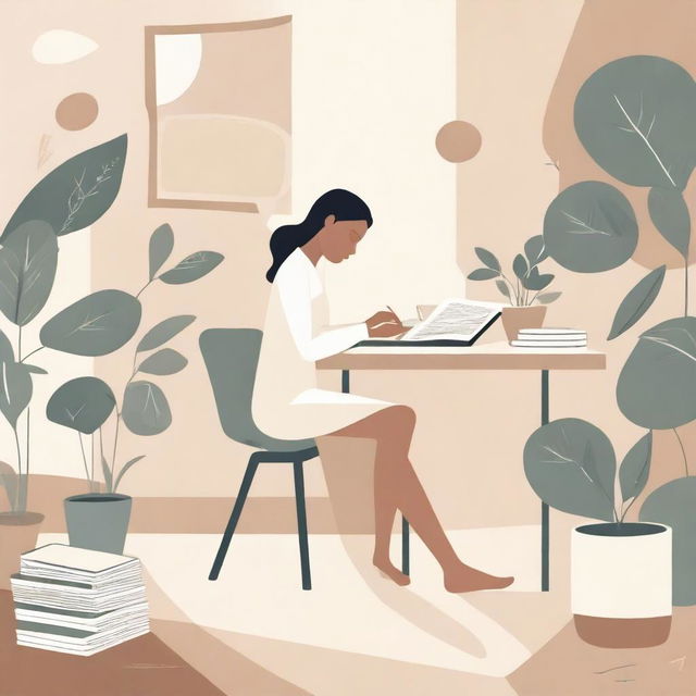 An abstract depiction of a neutral woman studying at a desk with a book, in a calm, simple, and serene classroom or office environment