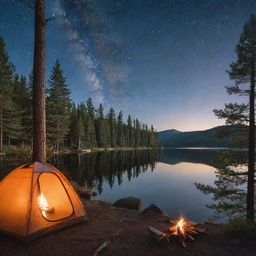 A serene camping scene with a tent, surrounded by tall pine trees, a glimmering lake nearby, a crackling campfire under the starry night sky.