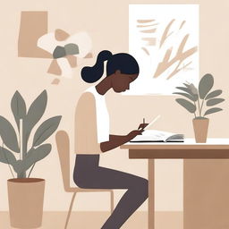 An abstract depiction of a neutral woman studying at a desk with a book, in a calm, simple, and serene classroom or office environment