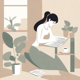 An abstract depiction of a neutral woman studying at a desk with a book, in a calm, simple, and serene classroom or office environment