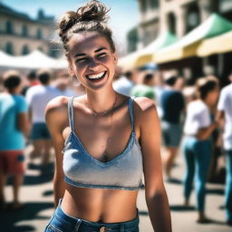 A 24-year-old slim French woman with a hair bun, laughing and enjoying herself while walking through a sunny flea market