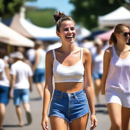 A 24-year-old slim French woman with a hair bun, laughing and enjoying herself while walking through a sunny flea market