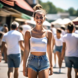 A 24-year-old slim French woman with a hair bun, laughing and enjoying herself while walking through a sunny flea market