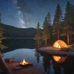 A serene camping scene with a tent, surrounded by tall pine trees, a glimmering lake nearby, a crackling campfire under the starry night sky.