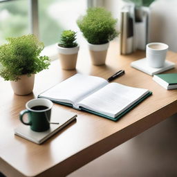 A neutral view of a teacher's desk with books and notebooks neatly arranged