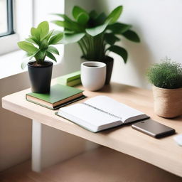 A neutral view of a teacher's desk with books and notebooks neatly arranged