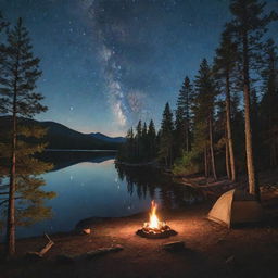 A serene camping scene with a tent, surrounded by tall pine trees, a glimmering lake nearby, a crackling campfire under the starry night sky.