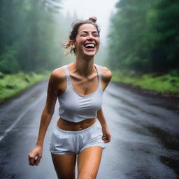 A young French woman, 24 years old, with a slim build and hair in a bun, is laughing while walking on a rainy hiking track