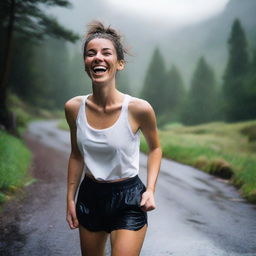 A young French woman, 24 years old, with a slim build and hair in a bun, is laughing while walking on a rainy hiking track