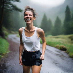 A young French woman, 24 years old, with a slim build and hair in a bun, is laughing while walking on a rainy hiking track