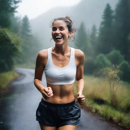 A young French woman, 24 years old, with a slim build and hair in a bun, is laughing while walking on a rainy hiking track