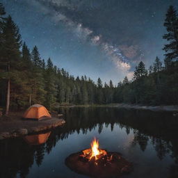 A serene camping scene with a tent, surrounded by tall pine trees, a glimmering lake nearby, a crackling campfire under the starry night sky.