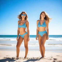 A beautiful young woman wearing a swimsuit, posing confidently on a sunny beach