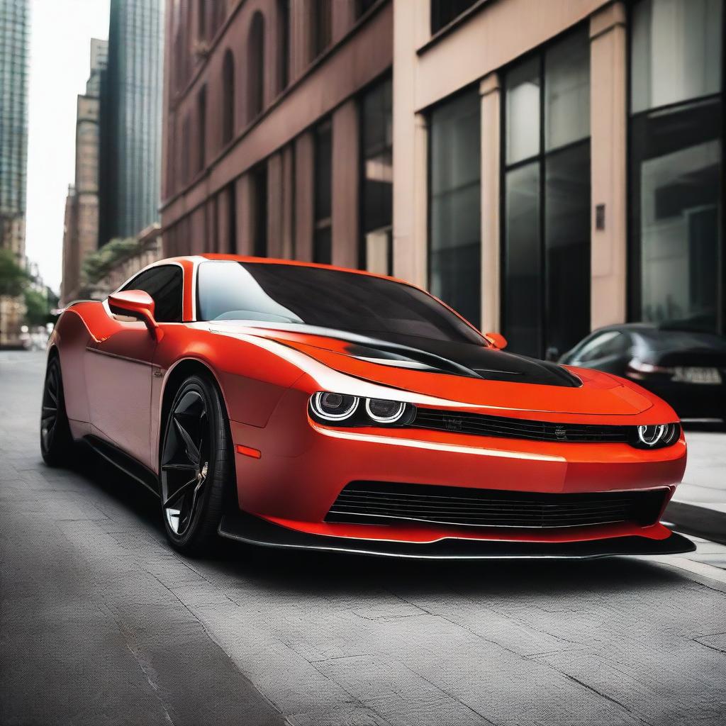 A stunning car featuring a mix between a Dodge Challenger and a Lamborghini, showcasing the muscular build of the Challenger with the sleek, aerodynamic design of a Lamborghini