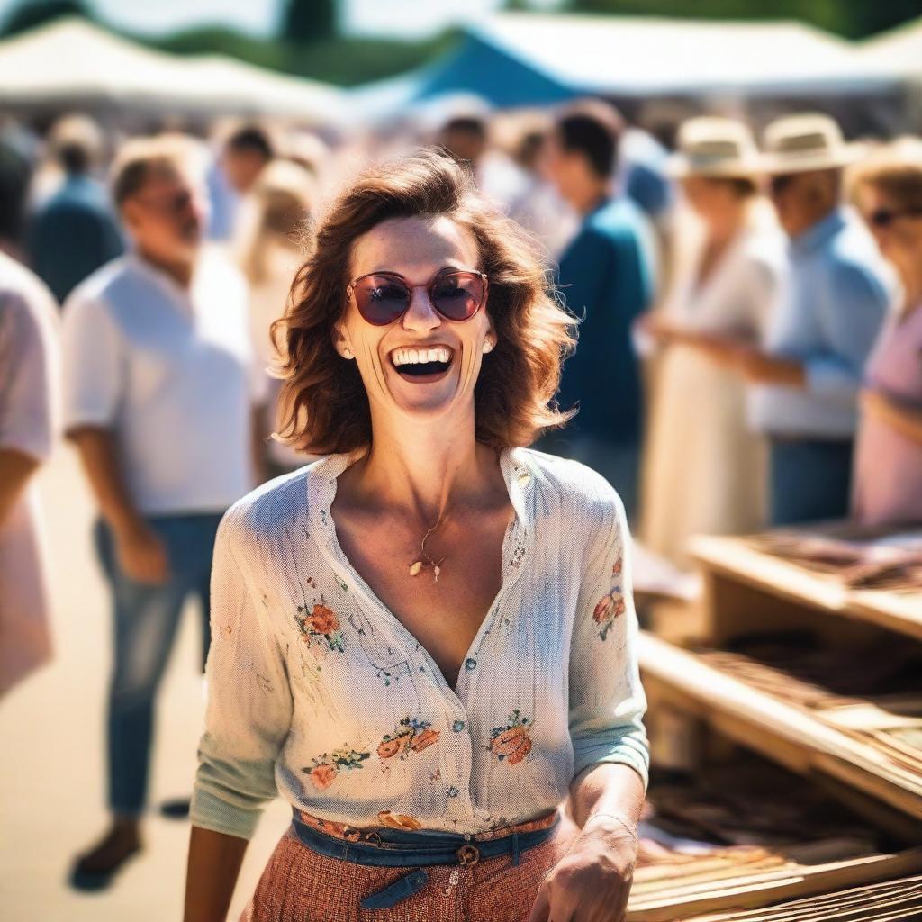 A sunny day at a bustling flea market, with a stylishly dressed French woman laughing joyfully