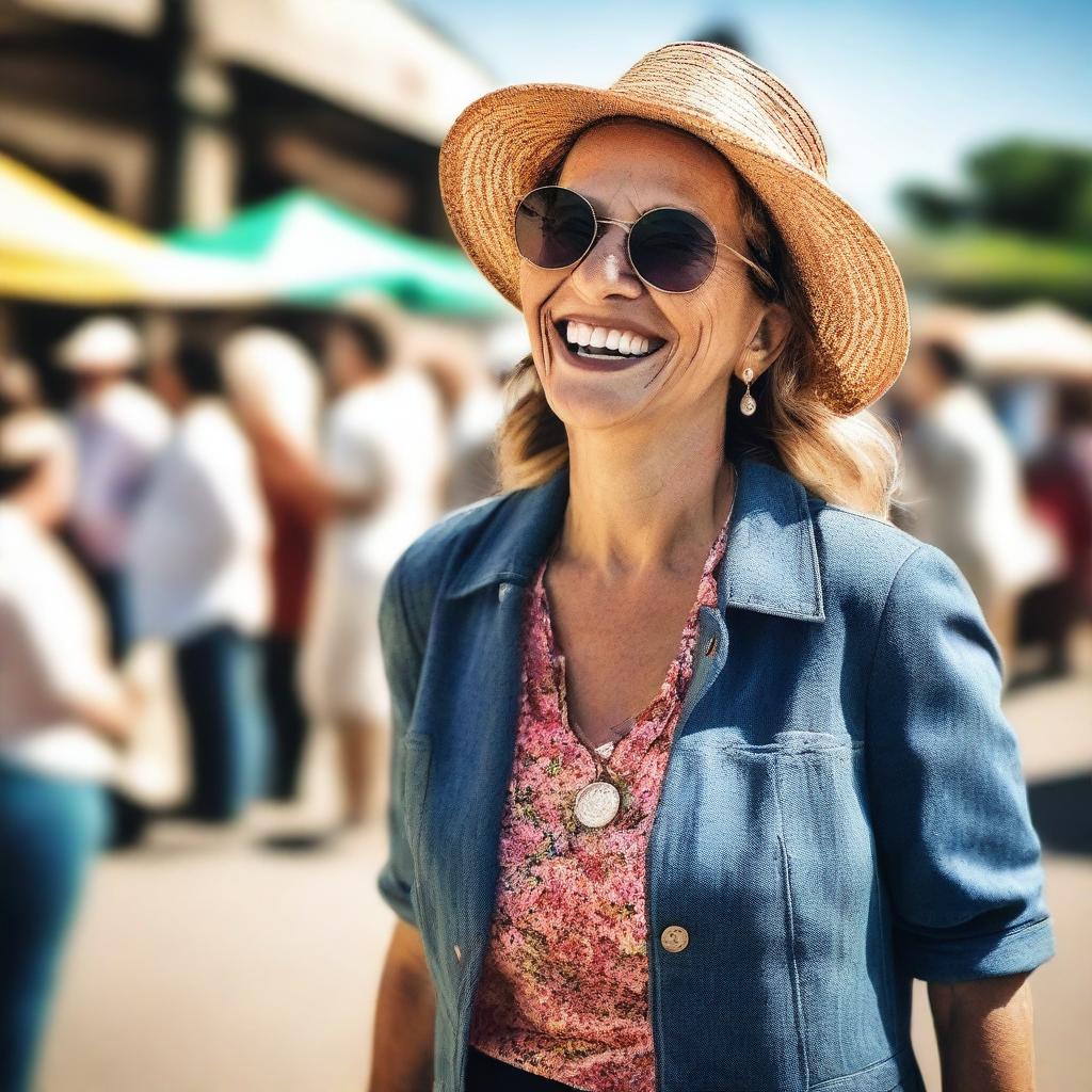 A sunny day at a bustling flea market, with a stylishly dressed French woman laughing joyfully