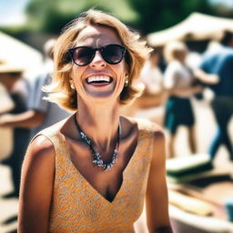 A sunny day at a bustling flea market, with a stylishly dressed French woman laughing joyfully