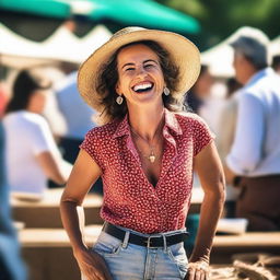 A sunny day at a bustling flea market, with a stylishly dressed French woman laughing joyfully