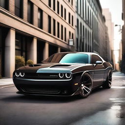 A sleek and powerful car that combines the design elements of a Dodge Challenger and a Lamborghini Vernon