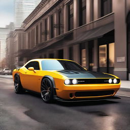 A sleek and powerful car that combines the design elements of a Dodge Challenger and a Lamborghini Vernon