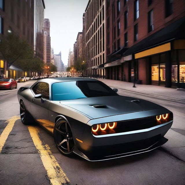 A sleek and powerful car that combines the design elements of a Dodge Challenger and a Lamborghini Vernon