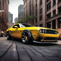 A sleek and powerful car that combines the design elements of a Dodge Challenger and a Lamborghini Vernon