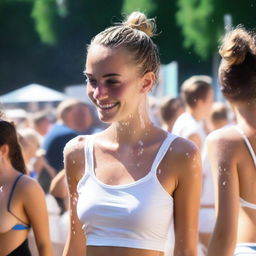 A 24-year-old French girl with a hairbun, smiling as she gets soaked by a fountain at a sunny, crowded festival