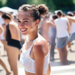 A 24-year-old French girl with a hairbun, smiling as she gets soaked by a fountain at a sunny, crowded festival