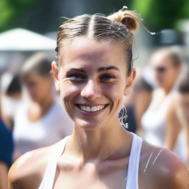 A 24-year-old French girl with a hairbun, smiling as she gets soaked by a fountain at a sunny, crowded festival