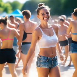 A 24-year-old French girl with a hairbun is getting soaked by a fountain at a sunny, crowded festival