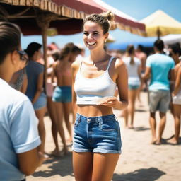 A 27-year-old French girl with a hairbun, smiling and slim, wearing jeans shorts