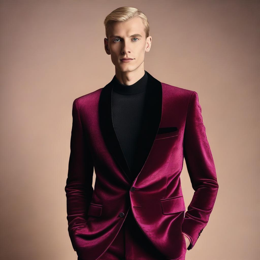 A tall human man with cropped blonde hair, dressed in a luxurious velvet suit