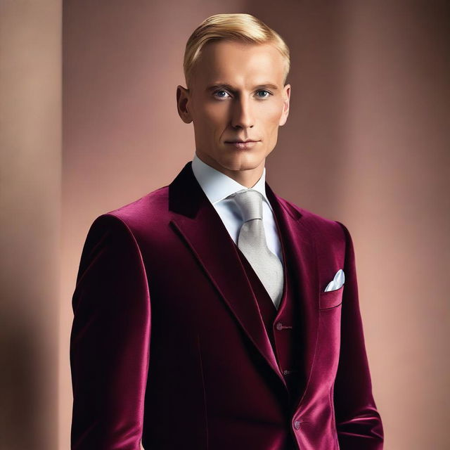 A tall human man with cropped blonde hair, dressed in a luxurious velvet suit