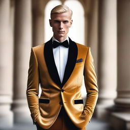 A tall human man with cropped blonde hair, dressed in a luxurious velvet suit