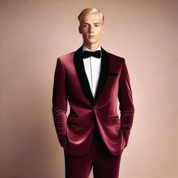 A tall human man with cropped blonde hair, dressed in a luxurious velvet suit