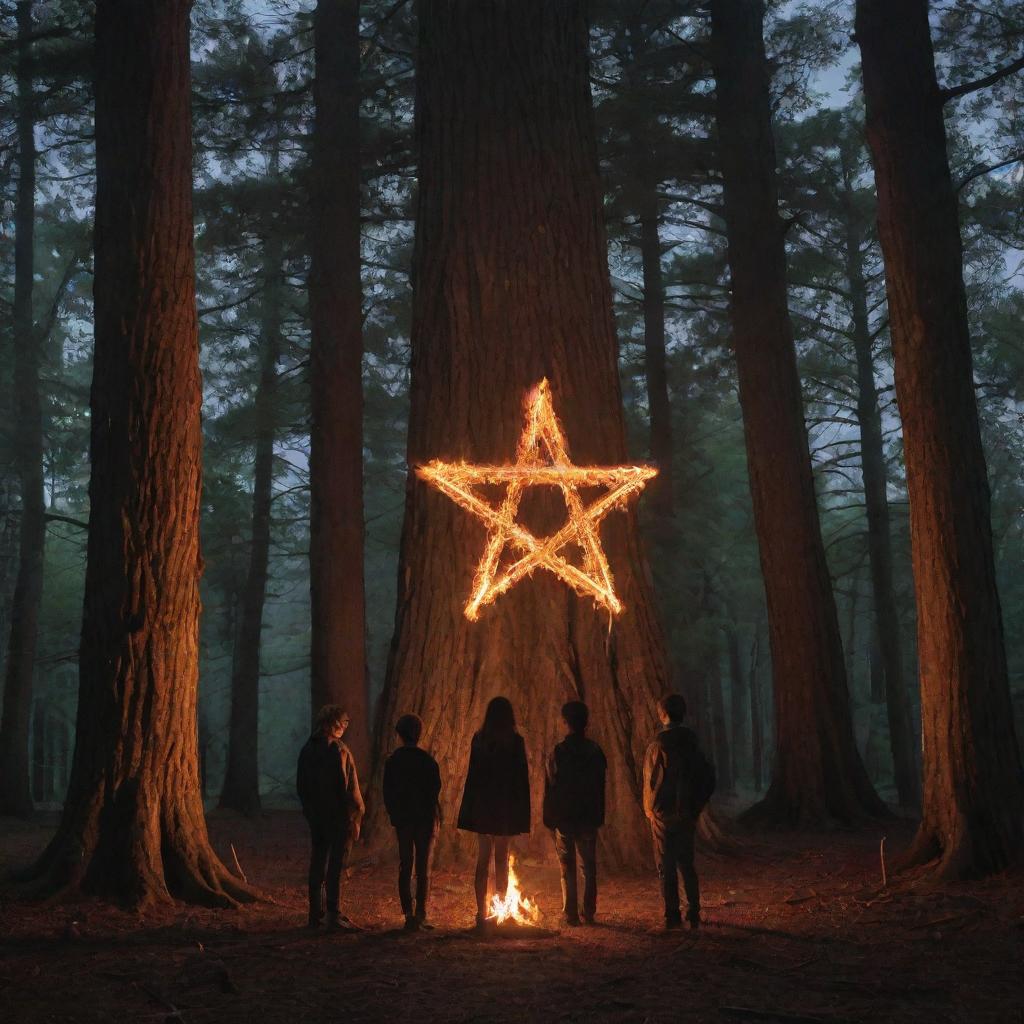 A trio of teenage boys and a solitary girl gathered around a flaming witchy pentagram within a forest of towering cypress trees at night, creating an aura of youthful enchantment and mystery.