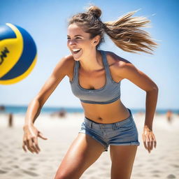 A French girl, 27 years old, with a hairbun, smiling, slim, wearing jeans shorts, playing beach volleyball on a sunny beach