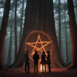 A trio of teenage boys and a solitary girl gathered around a flaming witchy pentagram within a forest of towering cypress trees at night, creating an aura of youthful enchantment and mystery.