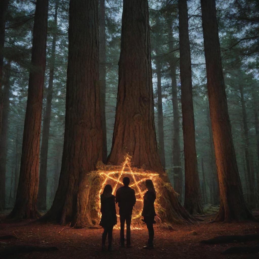 A trio of teenage boys and a solitary girl gathered around a flaming witchy pentagram within a forest of towering cypress trees at night, creating an aura of youthful enchantment and mystery.