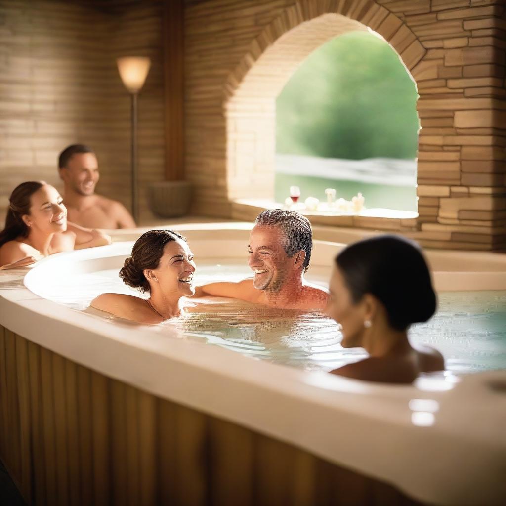 A vibrant, high-quality image featuring a group of attractive, smiling adults relaxing together in a luxurious hot tub