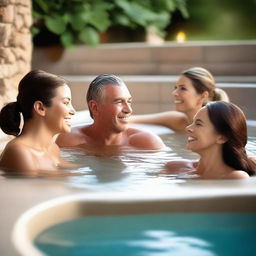 A vibrant, high-quality image featuring a group of attractive, smiling adults relaxing together in a luxurious hot tub